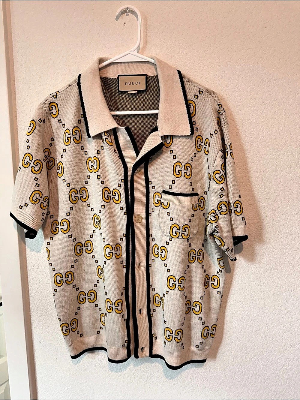Gucci GG Jacquard Cotton Polo Cardigan in Cream & Yellow